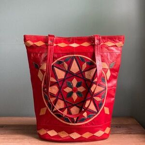 Vintage Tribal Geometric Print Leather Tote Bag